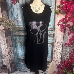 Shiny black sleeveless dress with rhinestone cat graphic NWT, one size